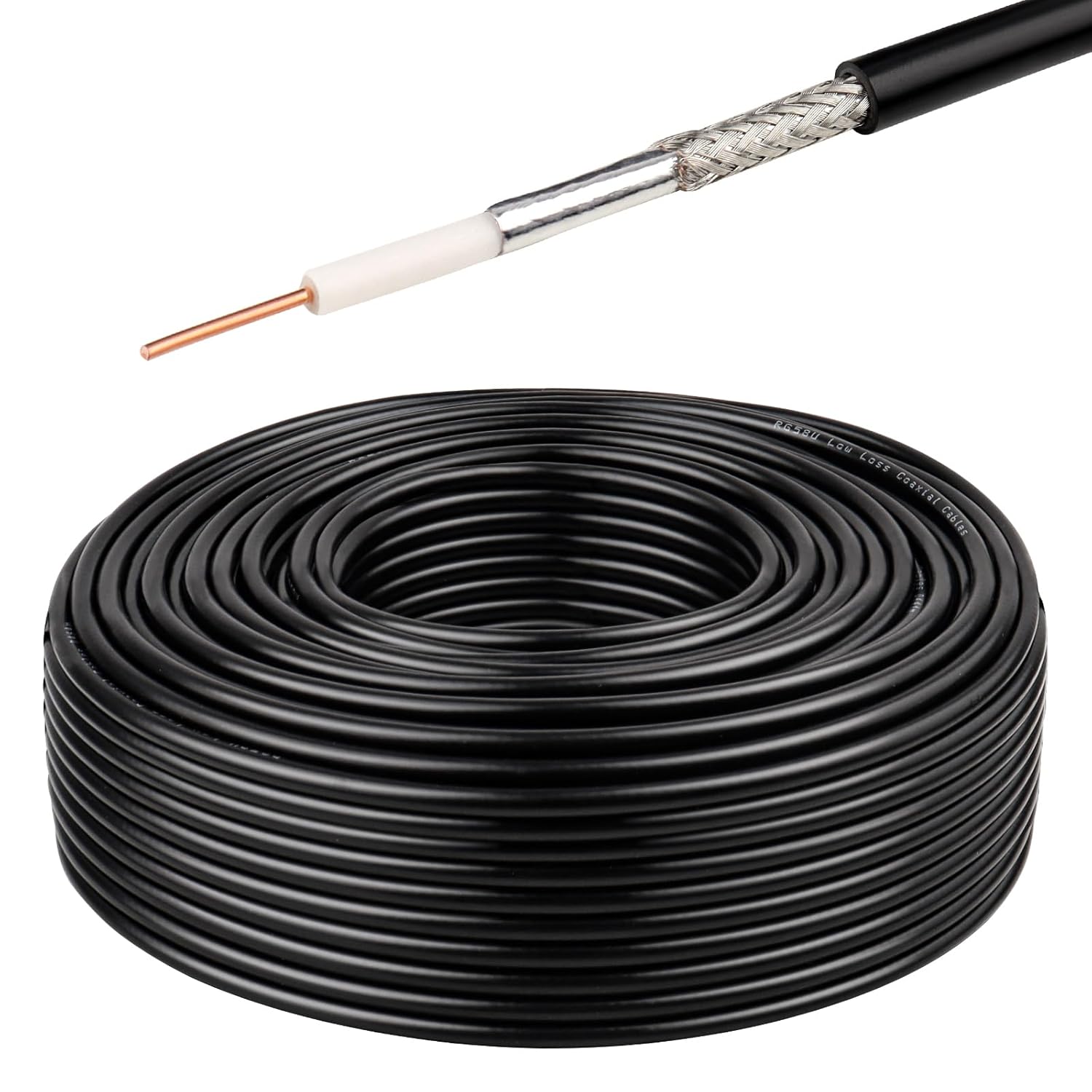 RG58 Coaxial Cable 100FT, 50 Ohm Reliable Signal Transmission Cable with Solid Copper Core, Black PVC Jacket, for CB Radios, Ham Radios, Antennas, RF Signal Transmission, and Wireless Applications