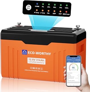 ECO-WORTHY Batterie Lithium 12V 314Ah EnergyTrek LiFePO4 4019Wh Bluetooth avec écran, lifepo4 avec 200A BMS protection basse température et max. 15000 cycles, pour Camping-Car,Panneau Solaire