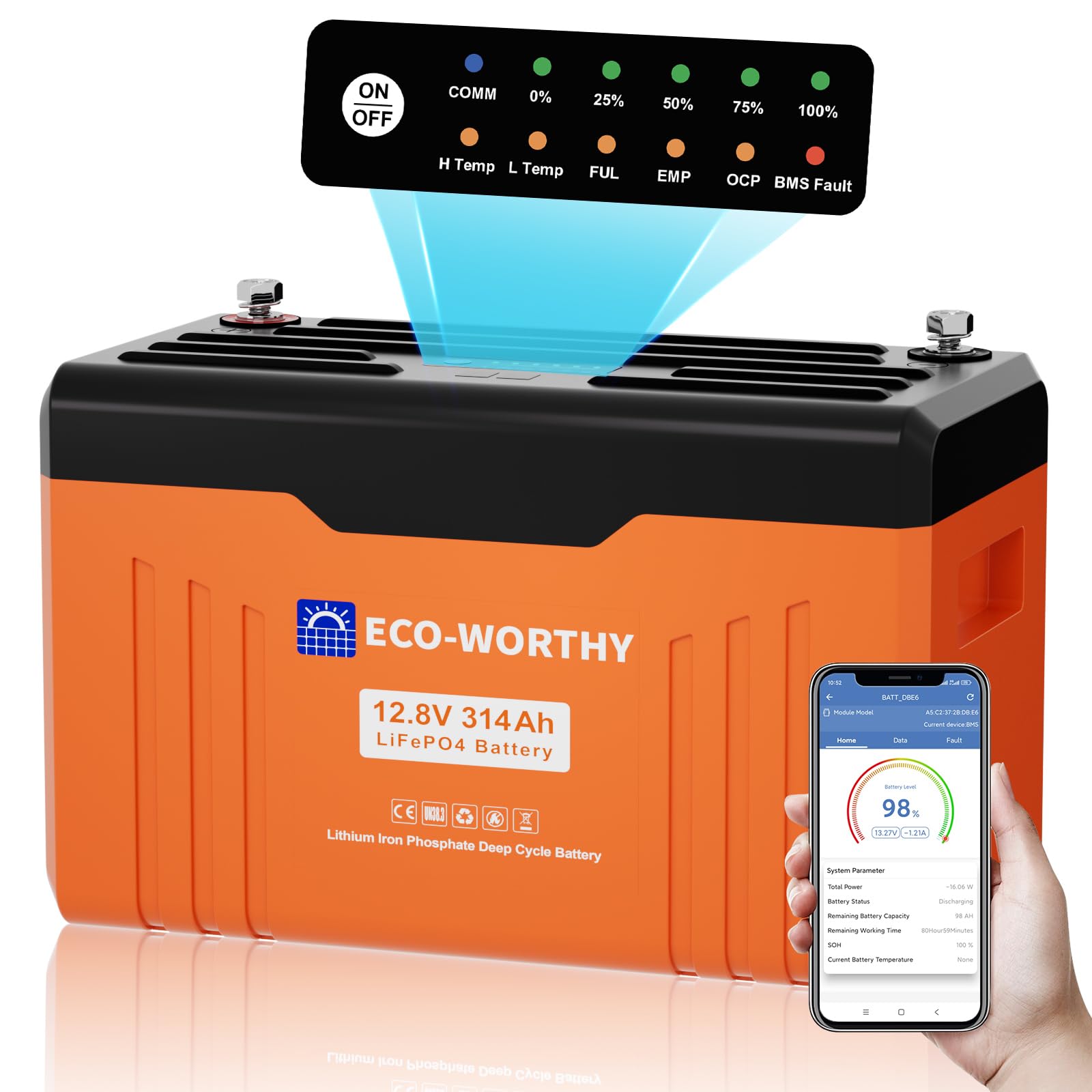 ECO-WORTHY Bateria LiFePO4 12V 314Ah EnergyTrek con Bluetooth, Indicador LED, Protección BMS de Baja Temperatura y máx. 15000 Ciclos, 4019 WH Bateria Litio 12 V para Autocaravana, Panel Solar