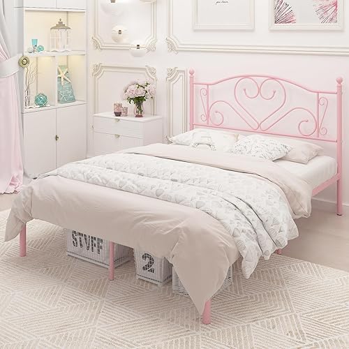 Miniatura 4 de Weehom Base de cama de tamaño matrimonial con cabecero, plataforma de metal resistente debajo de la cama, espacio de almacenamiento sin necesidad de