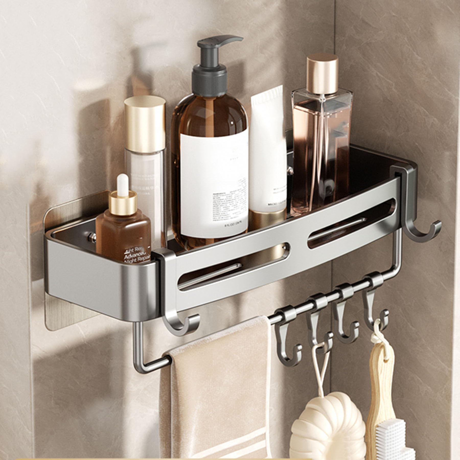 SRURLLUG Shower Caddy Bathroom Shelve Adhesive Shower Caddy Organizer Shelves Rack With Hooks No Drilling Rustproof Wall Mounted