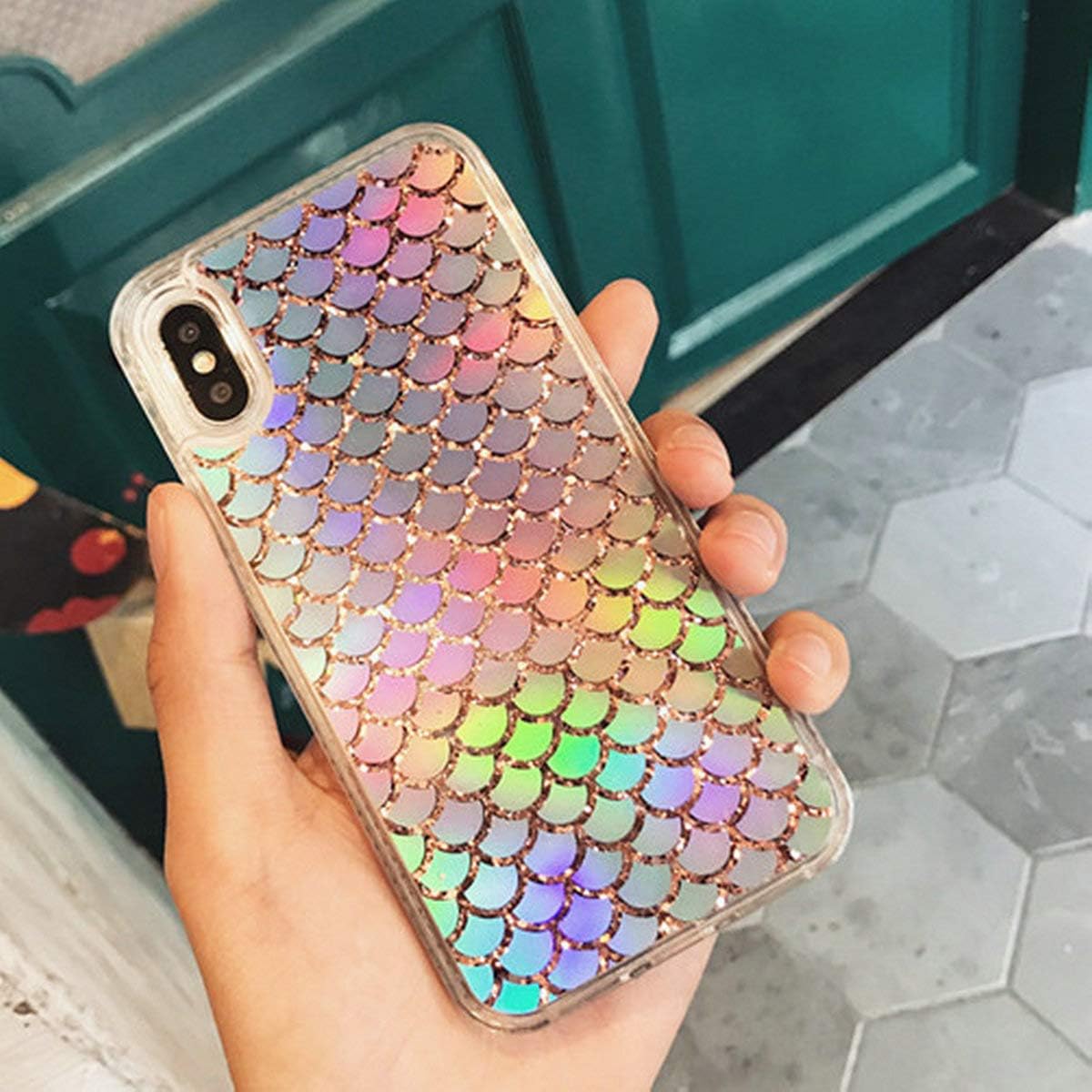Holographic Mermaid Case for iPhone X and iPhone Xs, Transparent Heavy Duty Hybrid Quicksand Color Changing Phone Cover 5.8 inch