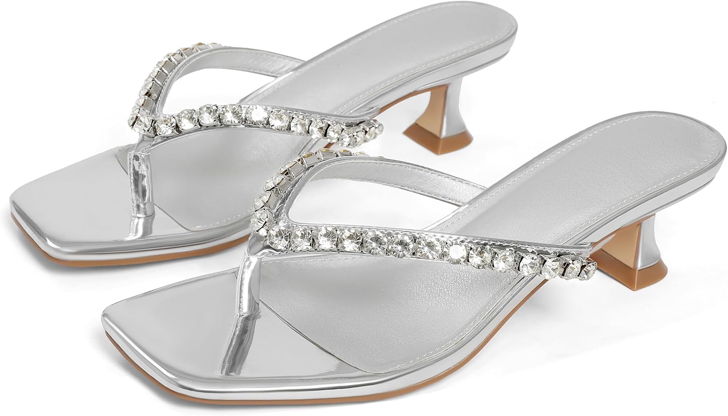 Eteridrey Kitten Heels for Women Flip Flop Heels Square Open Toe Thong Rhinestone Sandals Comfortable Low Heeled Sandals for Summer