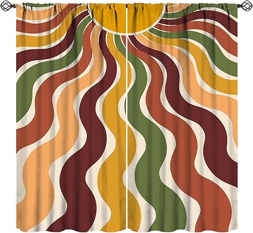 Miniatura 1 de Cortinas retro de puesta de sol, arco iris de mediados de siglo 70, abstracto, colorido, ondas funky, bohemio, Groovy sol, impresión moderna,