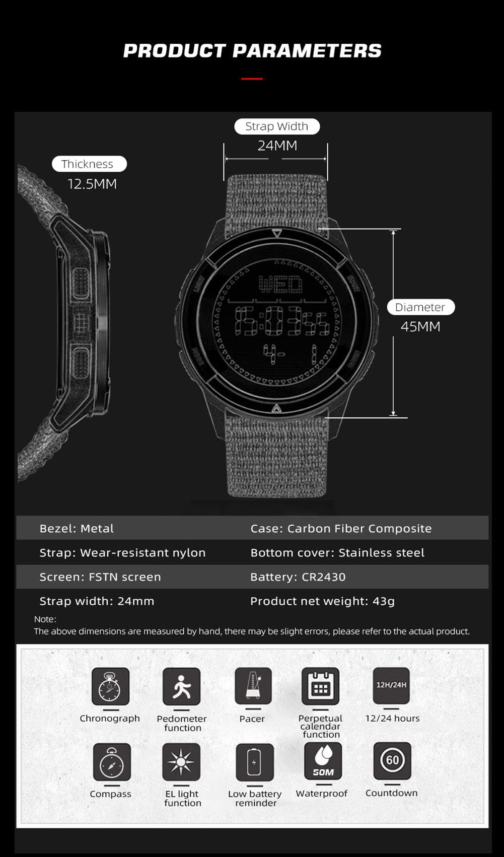 Uomo Sport all'aperto Orologio digitale con cassa in fibra di carbonio retroilluminazione a LED 50M impermeabile orologio tattico Orologi militari Bussola intelligente orologio da polso