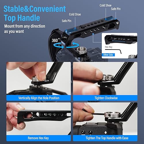 Miniatura 8 de SIRUI Kit de jaula de cámara con mango superior y correa de muñeca para FUJIFILM X-H2X-H2S con riel NATO, placa QR para Arca, zapata fría, rosca de