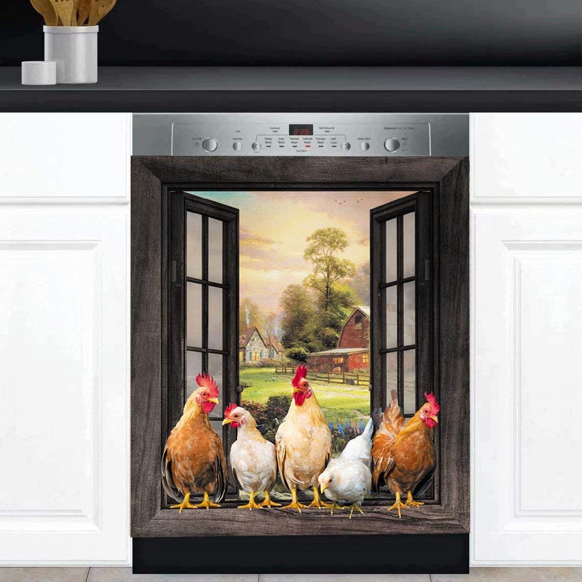 Magnetic Farm Chicken Dishwasher Cover,Kitchen Decor Rooster Refrigerator Magnet Decal Panels,Country Farmhouse Window Fridge Door Cover,Home Appliances Decor Stickers 23"Wx26"H