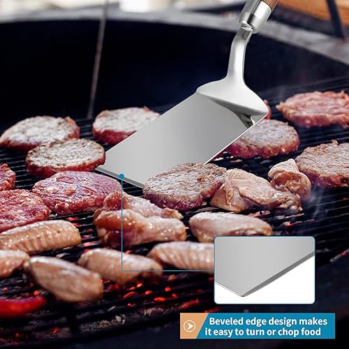 Miniatura 6 de Sanbege Espátula de acero inoxidable con mango de madera, volteador de panqueques antiadherente, aleta de huevo frito para cocinar, freír, asar a la