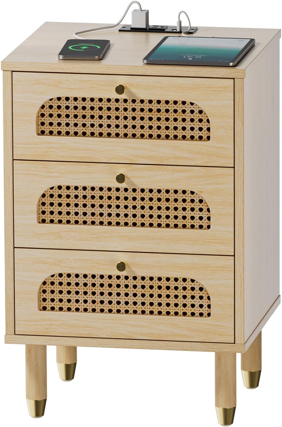 Karl home 3 Drawers Bedside Table with Charging Station, Rattan Nightstand with 2 Outlets and 2 USB Ports, Bed Side Sofa End Table Storage Cabinet for Bedroom Living Room, 40 x 35 x 61 cm Oak