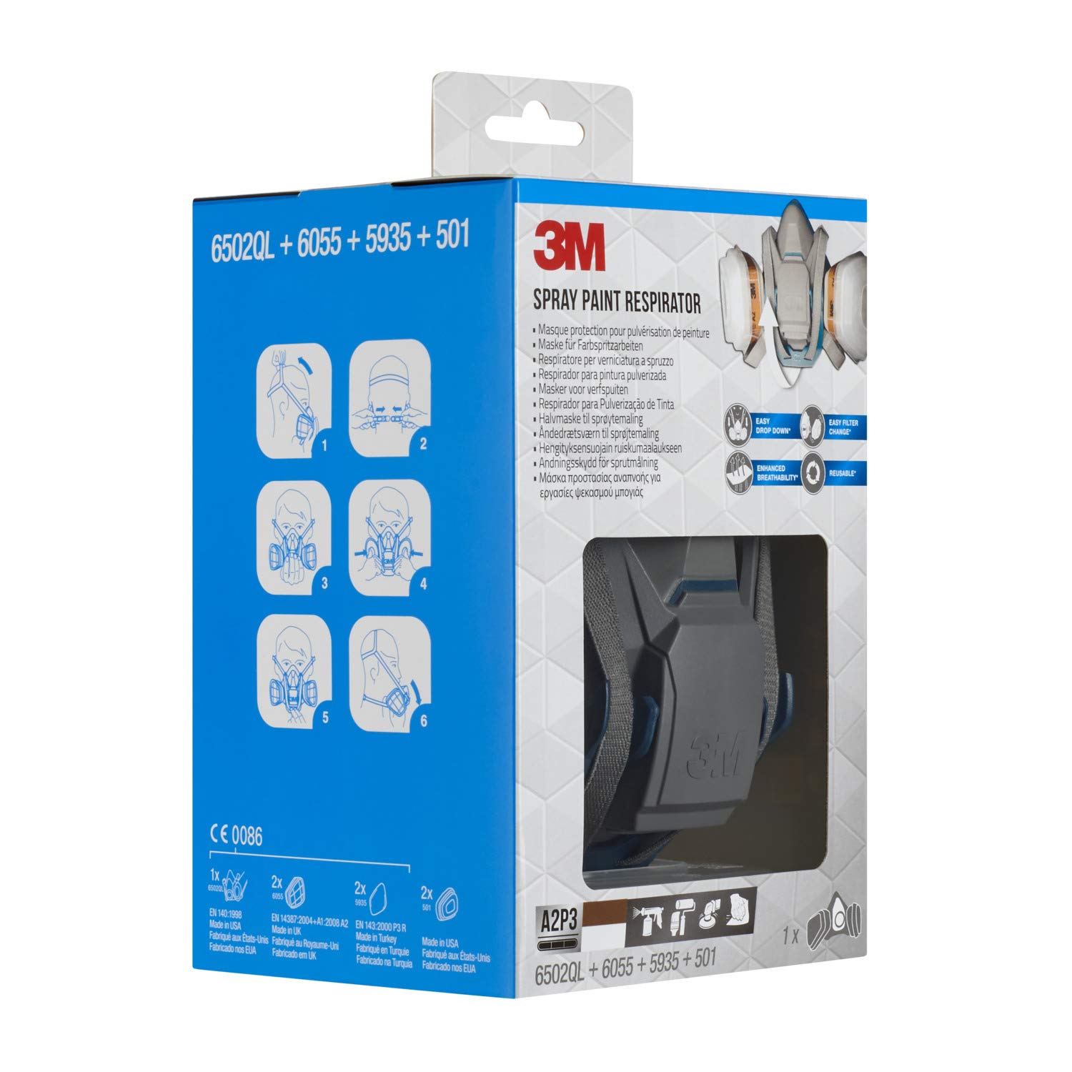 3M Respirador para pintura pulverizada 6502QL, A2P3, 1 set