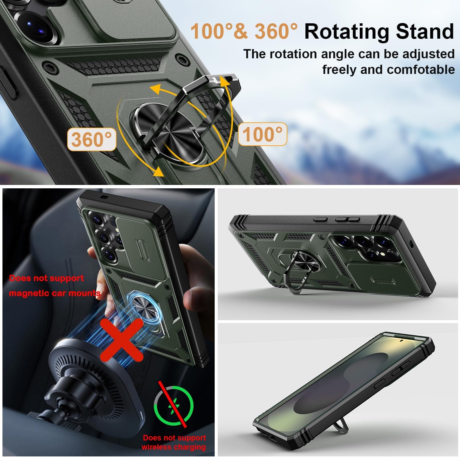 PASNEW for S25 Ultra Case Military,Camera Slide Cover & Metal Ring Kickstand,Multi-Layer Heavy Duty Shockproof Protective Hard Shell for Samsung Galaxy S25Ultra,Army Green - Image 3
