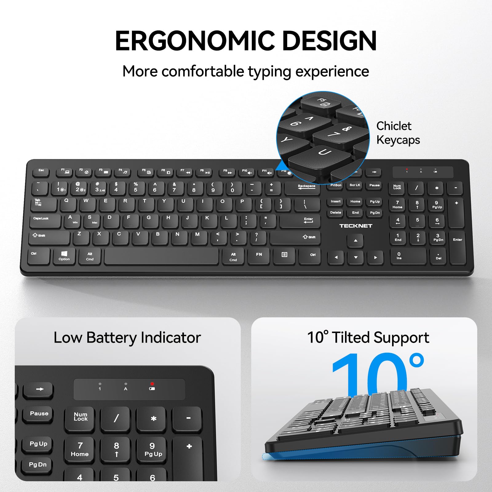 TECKNET Wireless Keyboards, Support 2.4G USB and Bluetooth - Full Size Computer Keyboards with Number Pad, Multi Device for PC, Desktop, Laptop, Tablet, 105 Days Standby Time, Black — view 3
