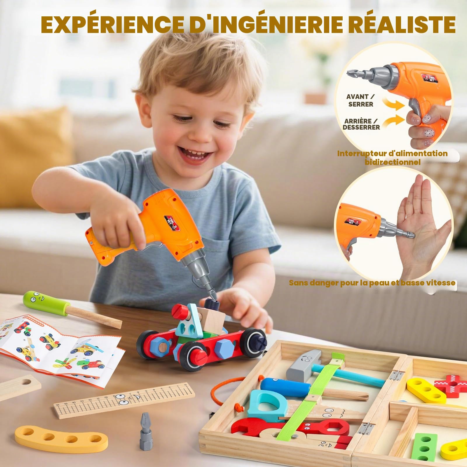 Jouet Enfant 3 Ans Montessori Jeux Enfant 3 Ans Boite a Outils Enfant avec Perceuse Jouet Garcon Fille 3 Ans Jeux Educatif Bricolage Cadeau Enfant Garcon 3 4 Ans Fille (44 Pièces)