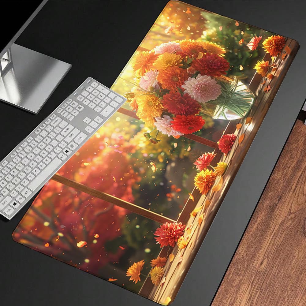 Żółta podkładka pod mysz XXL, podkładka na biurko, 1200 x 600 cm, szyte krawędzie, podkładka pod mysz, gumowa podstawa, kwiat, podkładka pod mysz, stabilna przyczepność na gładkich