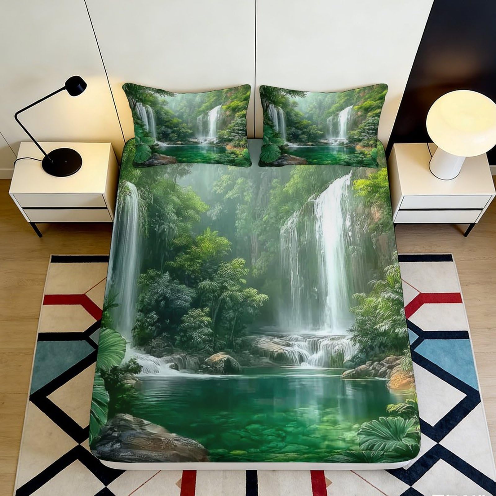 Jqzkxnhpbr Style-9 3D Printed Waterfall Forest Fitted Sheet Microfiber Soft Mattress Cover Bedroom Decor Anti-Slip Easy Care 90X200x25cm