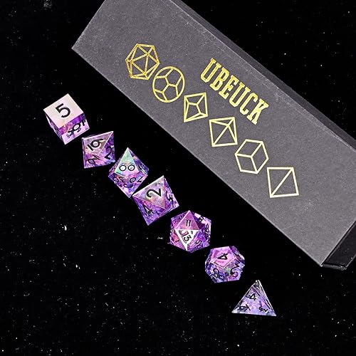 Miniatura 6 de DND Longan Dice, Dungeons & Dragons Edge Dados de resina afilada, 7 piezas de dados de núcleo líquido con caja de regalo. Troquel de resina chapada