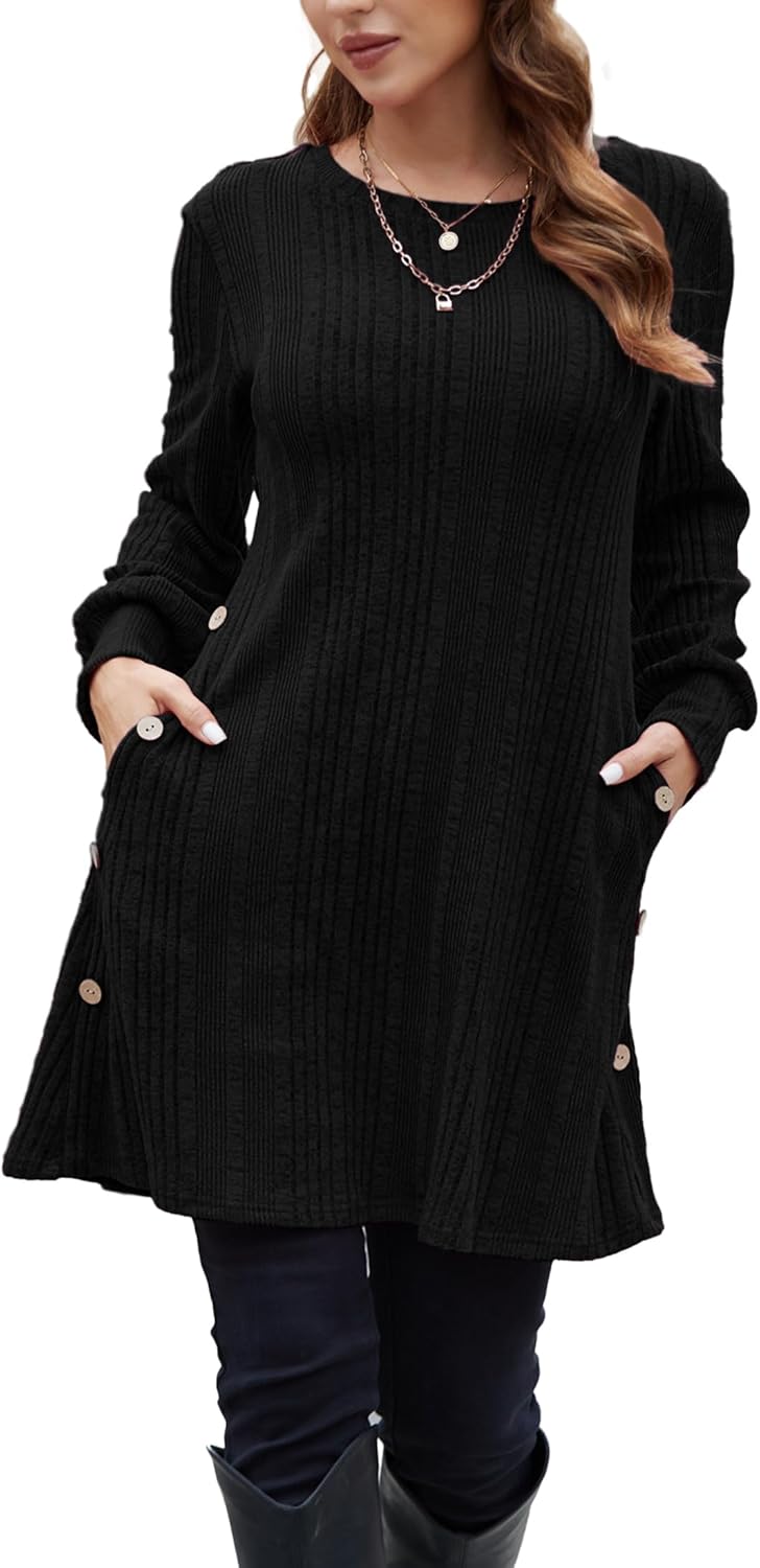 Kikibell Women's Knit Dress Long Sleeve Casual Crew Neck Tunic Dresses with Pockets Button Side Fall Winter Trendy Outfits - Image 2