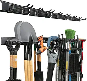 TIDYME Garage Tool Organizer Wall Mount - 64 inches - Sturdy Storage Rack with Adjustable Hooks, Anti-Rust - Easy Installation, 400lbs Capacity - Garden Tool Organizer (04 Racks & 08 Hooks)