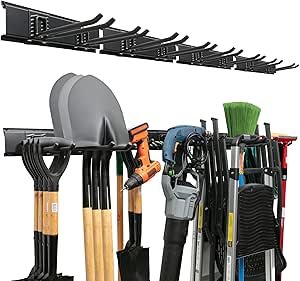 TIDYME Garage Tool Organizer Wall Mount - 64 inches - Sturdy Storage Rack with Adjustable Hooks, Anti-Rust - Easy Installation, 400lbs Capacity - Garden Tool Organizer (04 Racks & 08 Hooks)