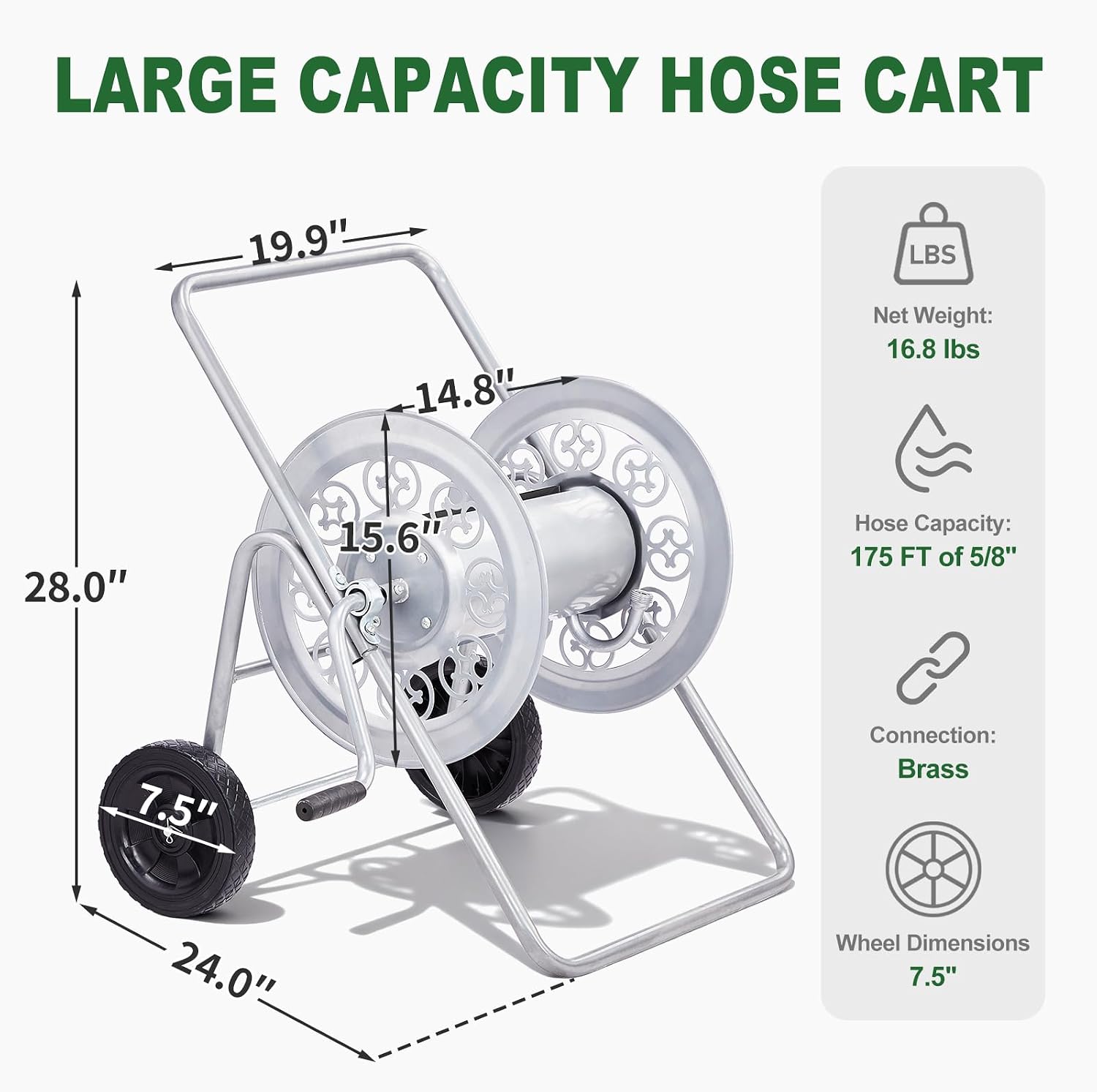 Outvita Garden Hose Reel Cart, Heavy Duty Water Hose Cart for Outside, Lawn Watering, for Garden, Yard, Lawn, Farm, Hold Up to 175 ft of 5/8’’ Hose, 2 PU Wheels (Silver)
