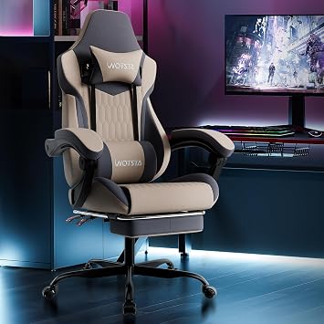 Gaming Chair, Ergonomic Gaming Chair with Footrest and Lumbar Support, Computer Chairs, Height Adjustable Computer Racing Gamer Chairs for Gaming or Office, Beige Blue