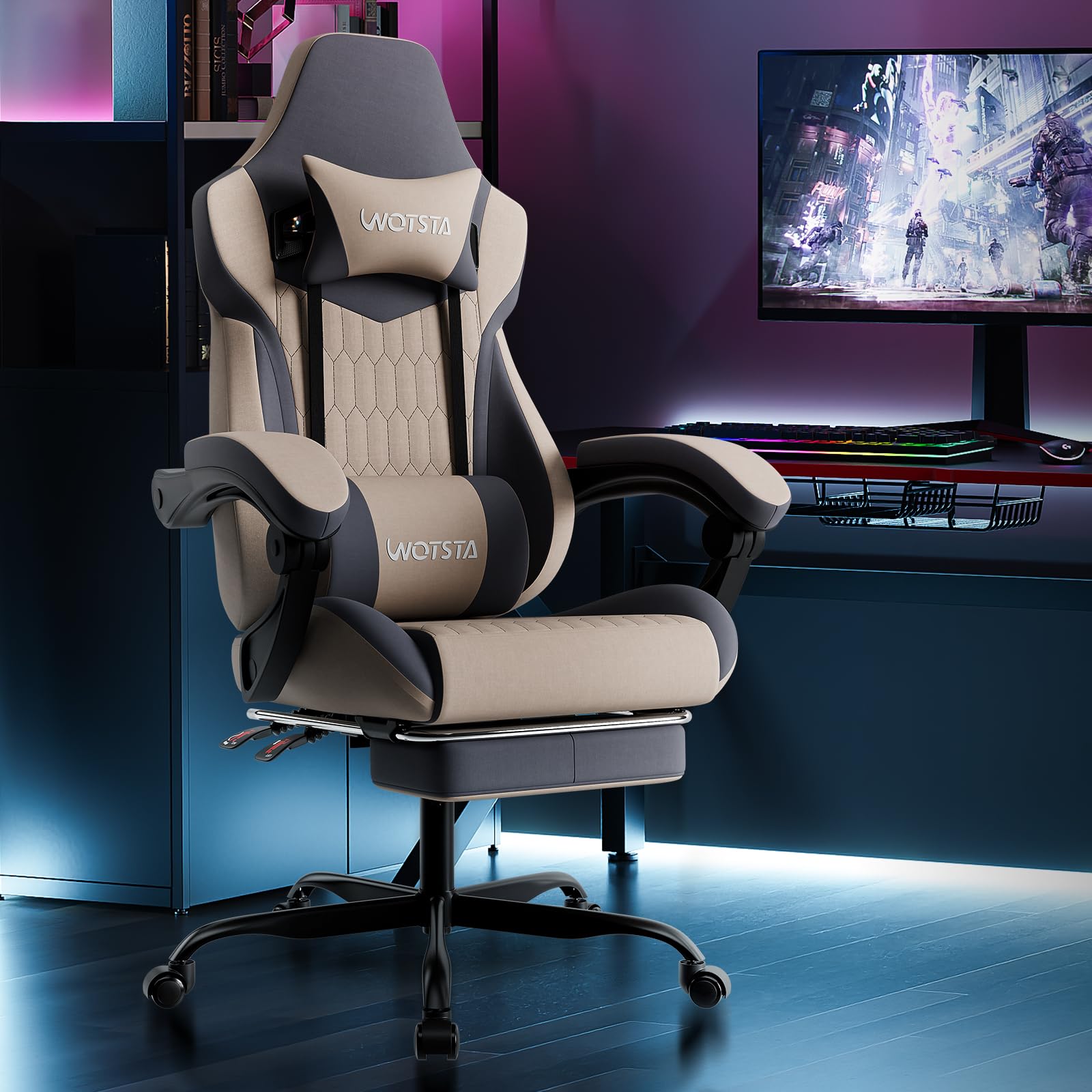 Sedia da gaming, ergonomica con poggiapiedi e supporto lombare, sedie per computer, altezza regolabile, per videogiochi o ufficio, beige blu