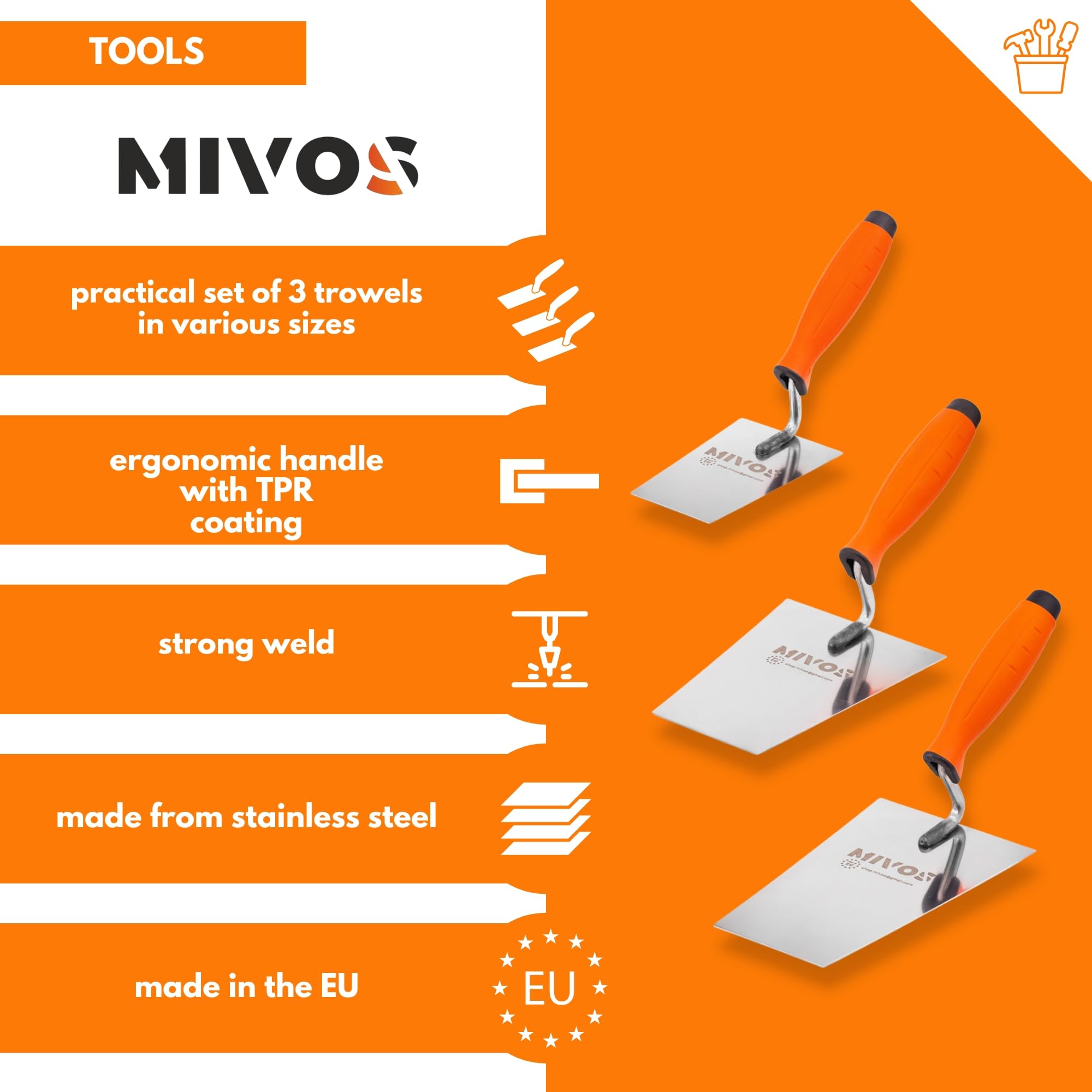 Mivos Lot de 3 Truelles Trapézoïdales en Acier Inoxydable 130 160 180 mm - Truelles de Maçon et Plâtrier - Forme Trapèze - Spatules de Lissage avec Poignée en Caoutchouc - Made in EU