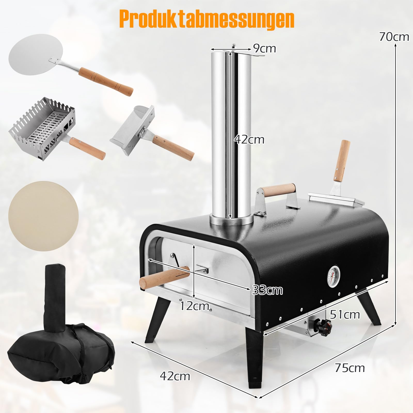 GYMAX Horno de Pizza para Exteriores, Multicombustible con Termómetro, Piedra y Pala para Pizza, Chimenea Ajustable, Horno de Acero Inoxidable 3 Capas, Portátil con Bolsa de Transporte