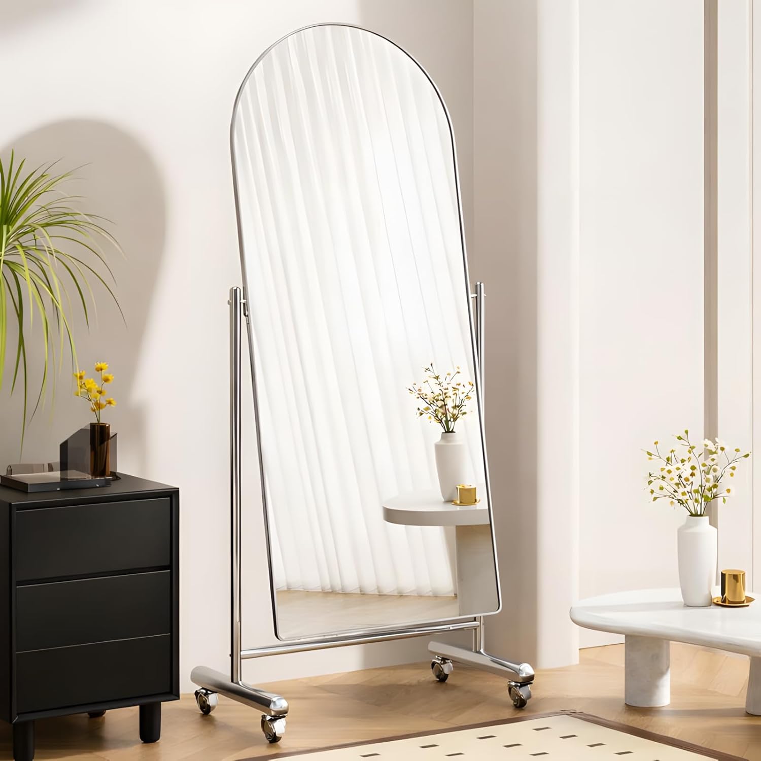 Arched Full Length Rolling Mirror on Wheels, 65"Lx23"W Large Modern Tilting Swivel Mirror with Tempered Glass & Metal Frame, Use for Dressing,Dance Studio,Fitness,Home Gym, Barbershop (Silver)