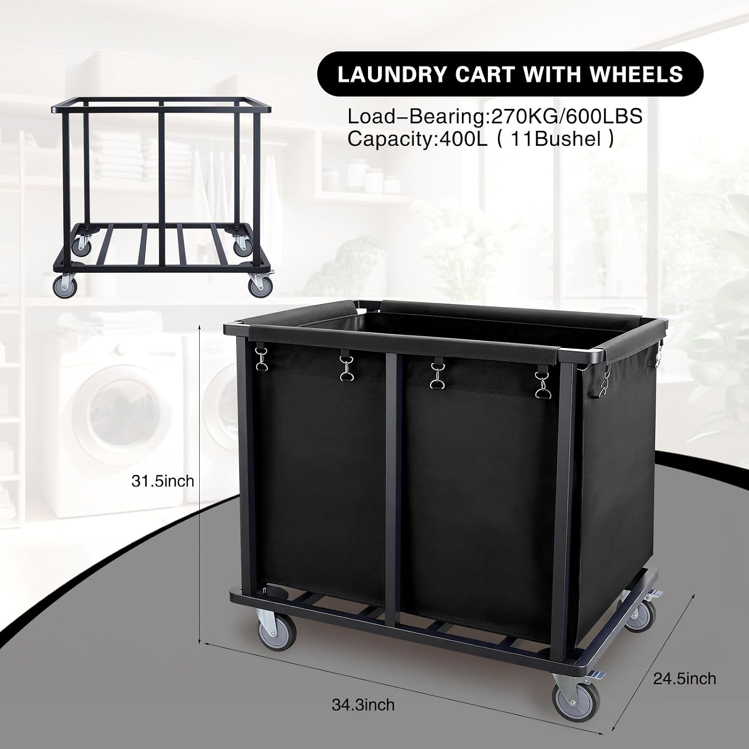 Commercial Laundry Cart with Wheels,400L Industrial Laundry Cart | 600 LBS Heavy Duty Commercial Laundry Basket with Steel Frame and Oxford Cloth Bag for Laundry Room,Hotel(Black)