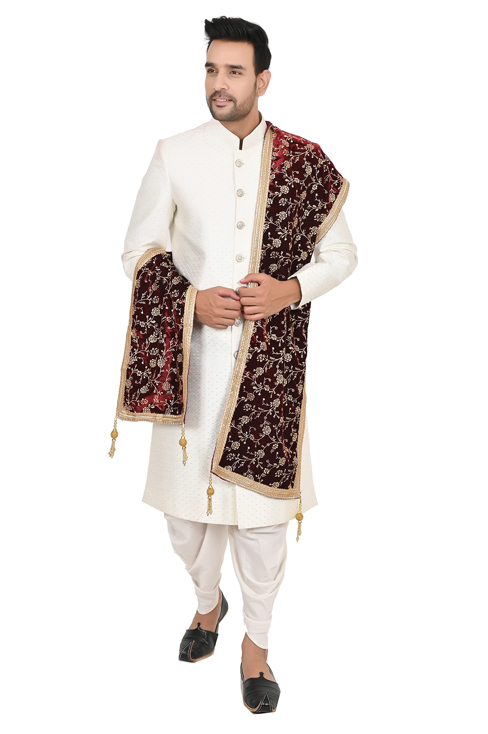 sneh Men's Velvet Flower Gold Print Sherwani Dupatta with Tassels (Maroon,Free Size)-picture-53
