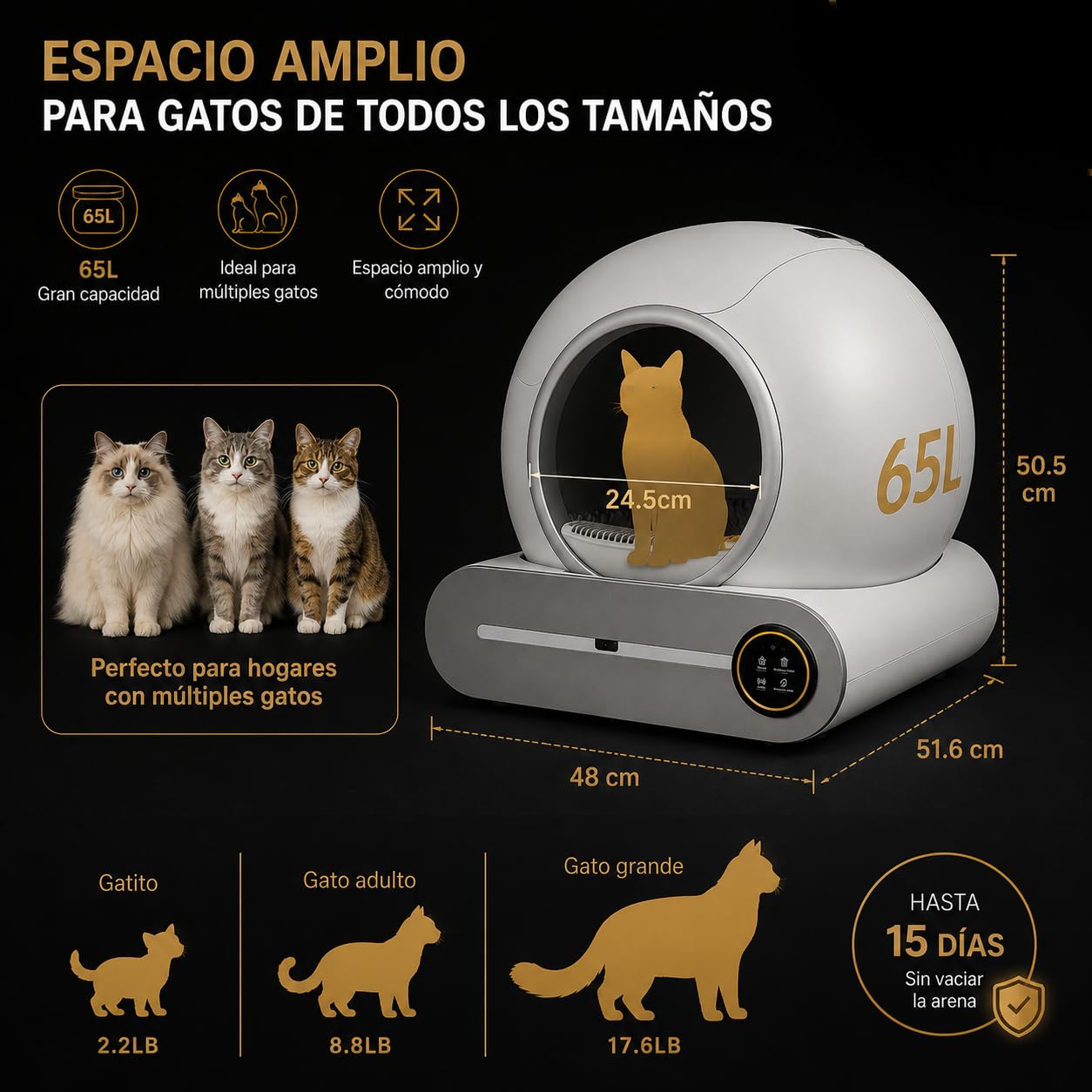 PGD​​SGA Arenero Automático para Gatos Autolimpiable con App, 65+9L, Desodorización por Iones Negativos, Control Inteligente de Seguridad, Incluye 5 Rollos de Bolsas, Ideal para Varios Gatos