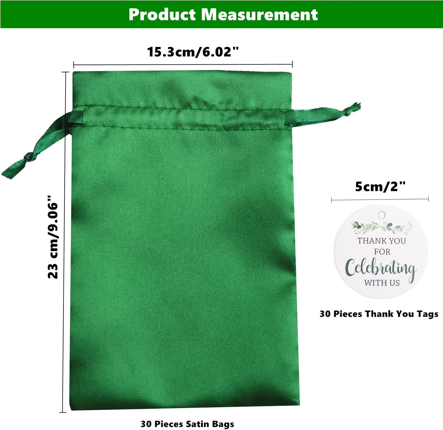 GUIFIER 30 PCS 6" x 9" Satin Gift Bags with Drawstring and Tags, Silk Jewelry Bags, Party Favor Bags, Fabric Gift Wrap Bags for Baby Shower, Bridal Shower, Christmas, Birthday, Wedding (Green) - Image 2