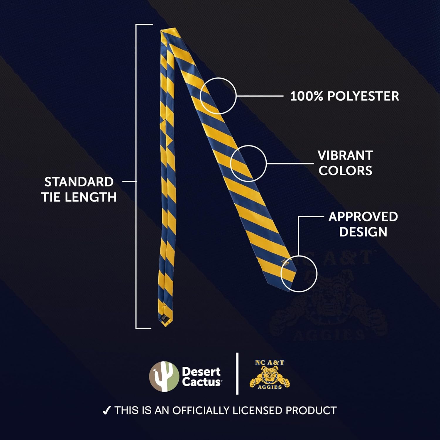 Desert Cactus North Carolina A&T State University Neck Tie NCAT Aggies 100% Polyester Necktie with Logo, Officially Licensed (Style A) - Image 3
