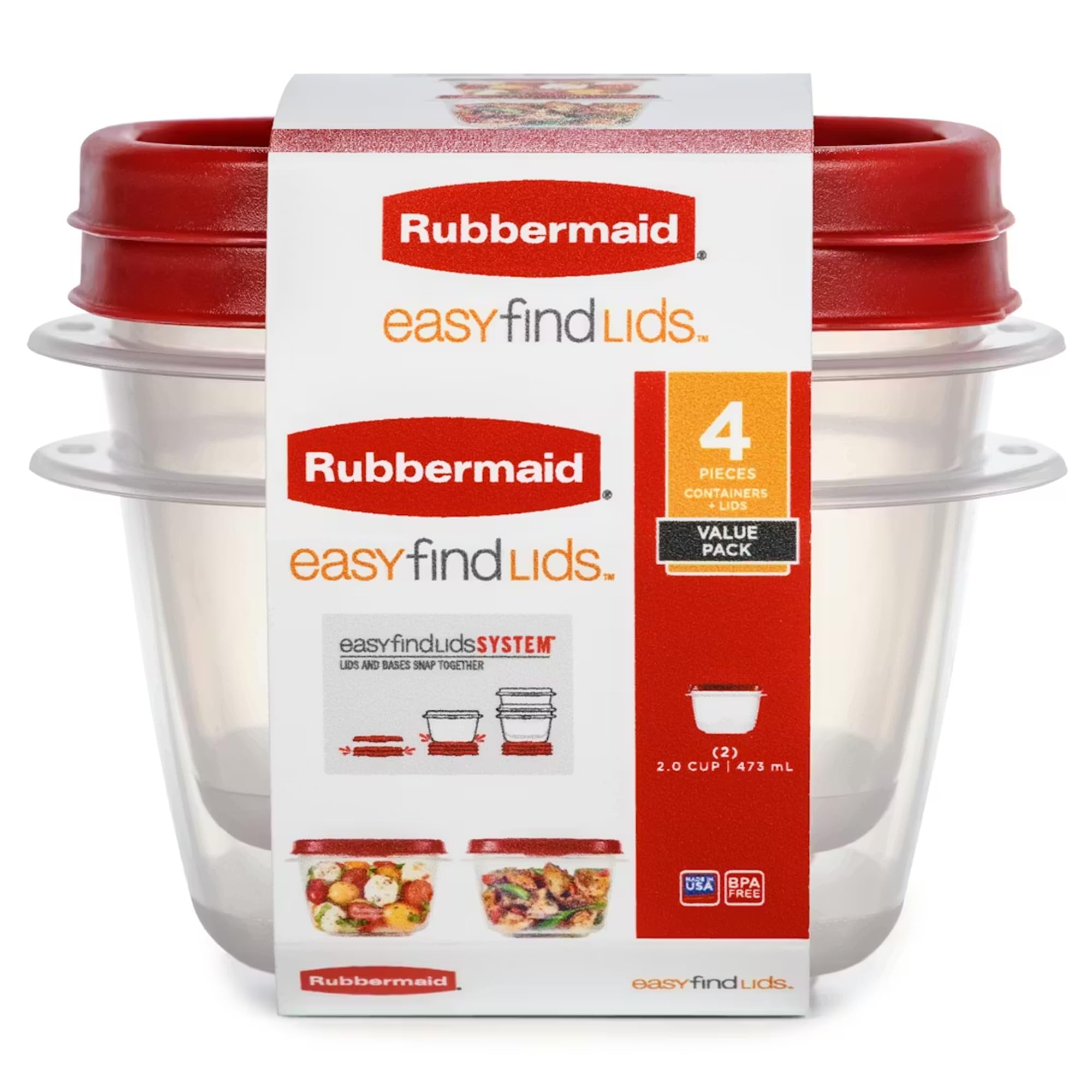 Easy Find Lids Food Storage Containers, 2 Cup, Racer Red, 4-Piece Set