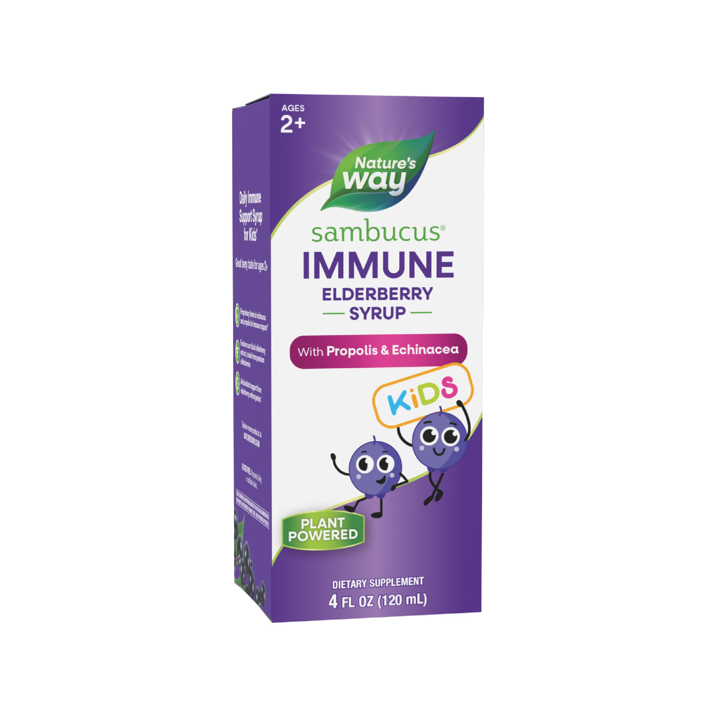 Nature's Way Sambucus Elderberry Immune Syrup for Kids Ages 2+, with Echinacea & Propolis, Immune Support Syrup*, Vegetarian, Berry Flavored, 4 Fl Oz