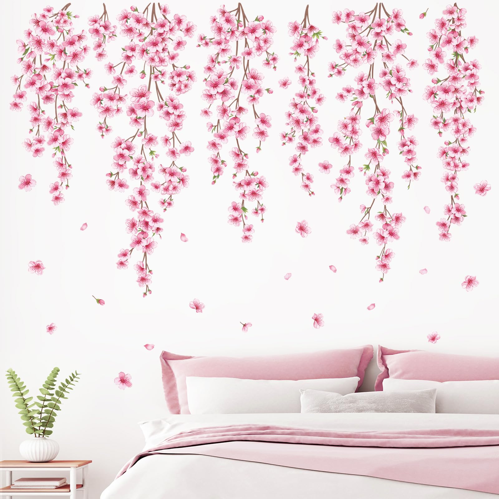 SHUCHING Cherry Blossom Wall Stickers, Pink Flower Hanging Vine Wall Decals, Removable Vinyl Decorations Art for Girls Women Bedroom Living Room