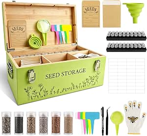 Fayoo Wooden Seed Storage Organizer Box with 40 Seed Vials & 20 Envelopes, Rustic Garden Seed Saving Kit