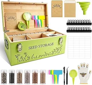 Fayoo Wooden Seed Storage Organizer Box with 40 Seed Vials & 20 Envelope...