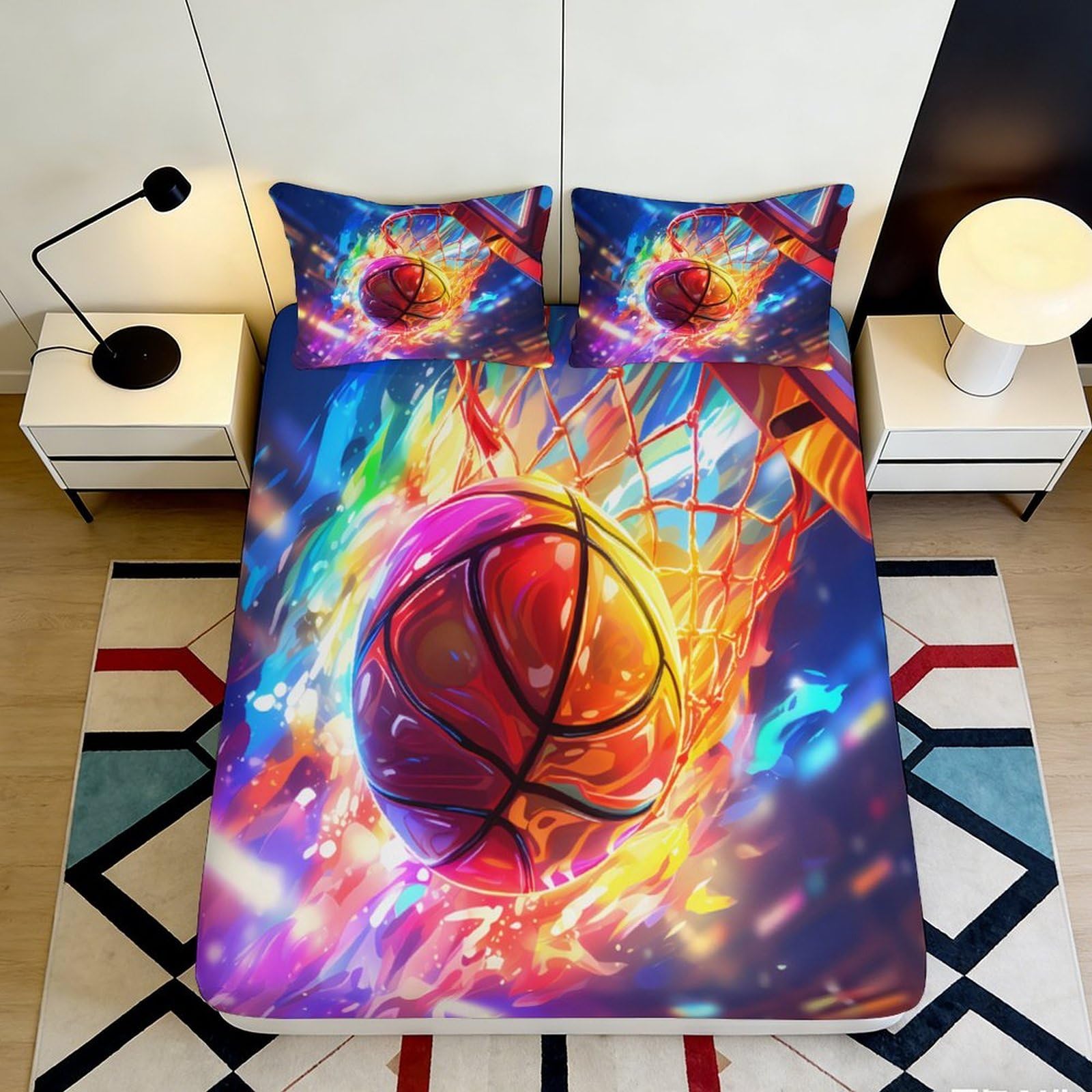 3D Printed Colorful Basketball Fitted Sheet Microfiber Soft Breathable Flaming Basketball Bed Cover for Bedroom Dormitory Guest Room Mattress Protection 180x200x25cm