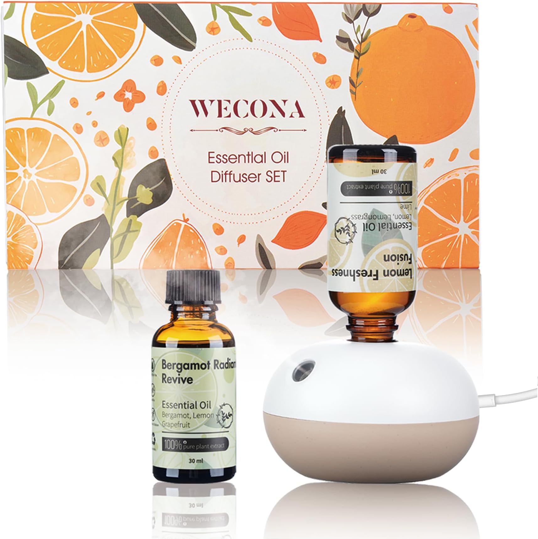 Wecona Waterless Essential Oil Diffuser & 2 Essential Oils Blend Set(30ml) - 2 Mist Modes Scentiment Scent Diffuser Starter Kit for Home,Car,Office,Spa