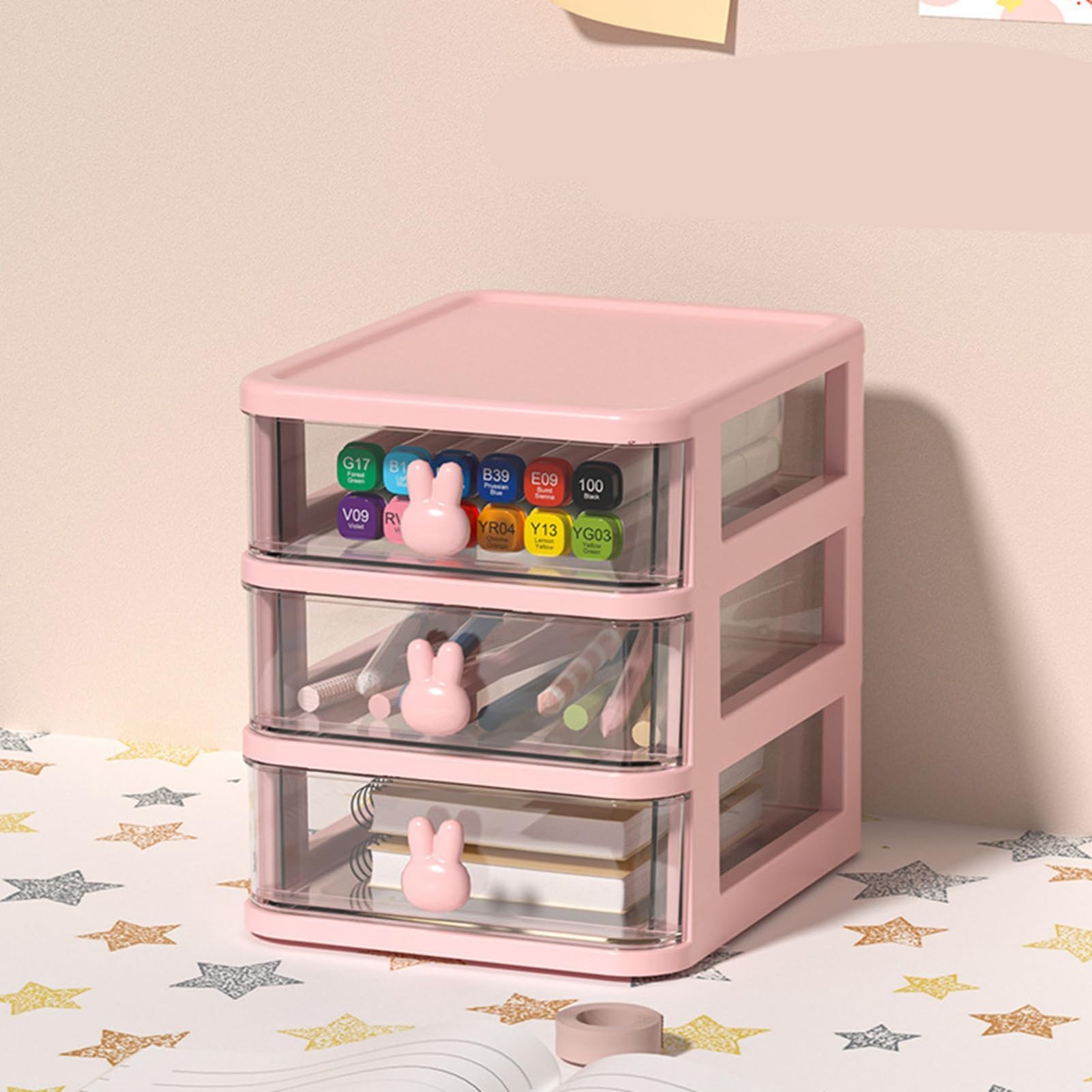 Organizzatore cassetti a 3 livelli rosa, trasparente, con maniglia a coniglietto, per scrivania, accessori, cosmetici