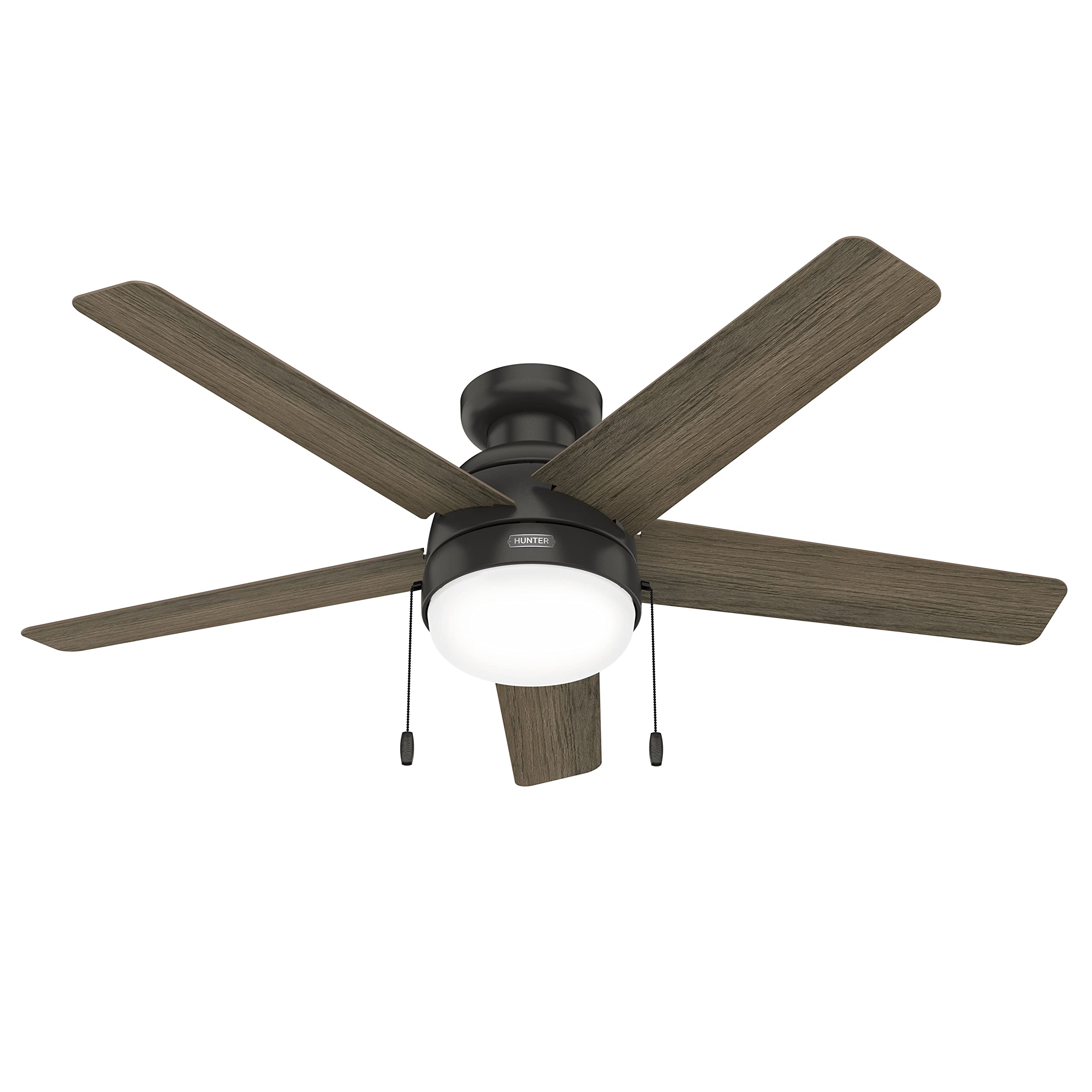 Diagram showing Hunter ceiling fan components and features like pull chain, LED bulbs, indoor use, SureSpeed, and WhisperWind Motor
