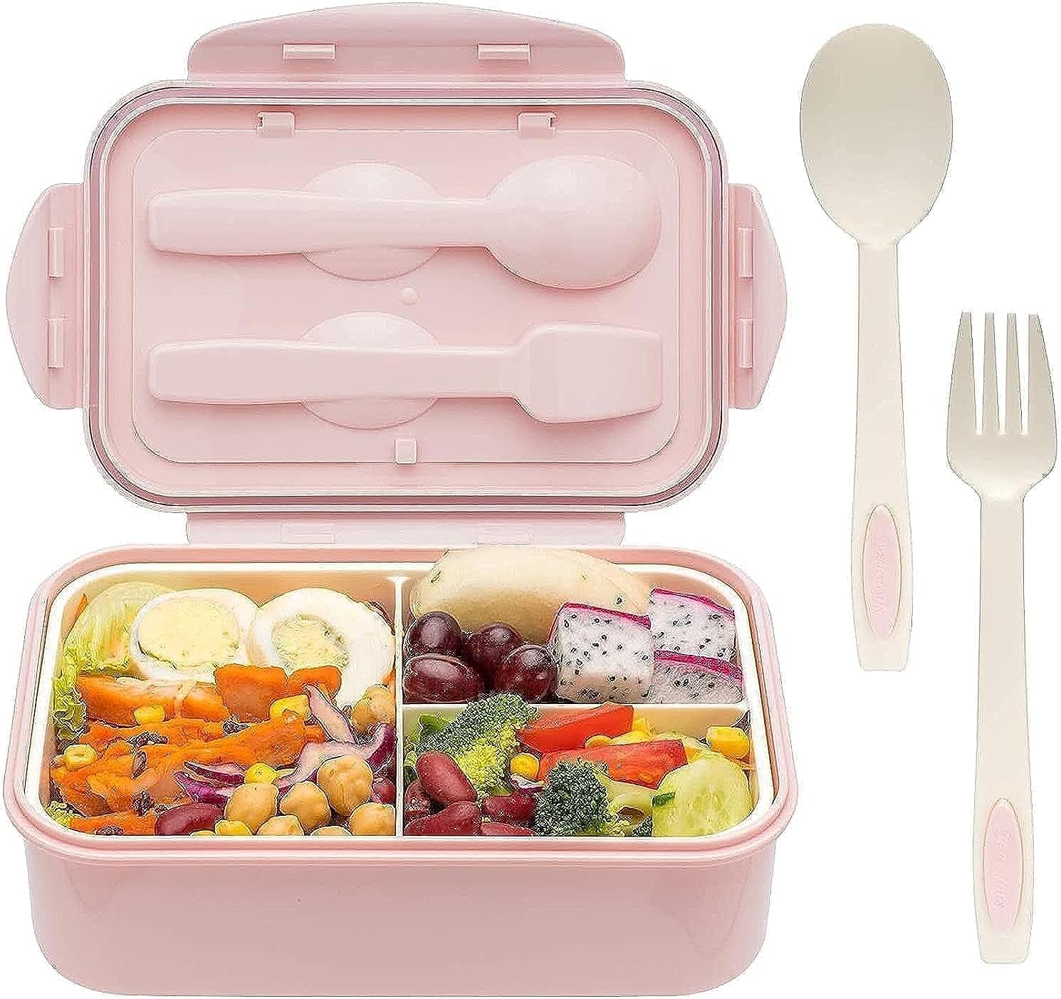 YumLock Bento Box, 3 Compartments 1400ml Lunch Box For Kids and Adults with Reusable Spoon and Fork, Leakproof Food Container for On the Go Meal, Microwave Safe (Pink)