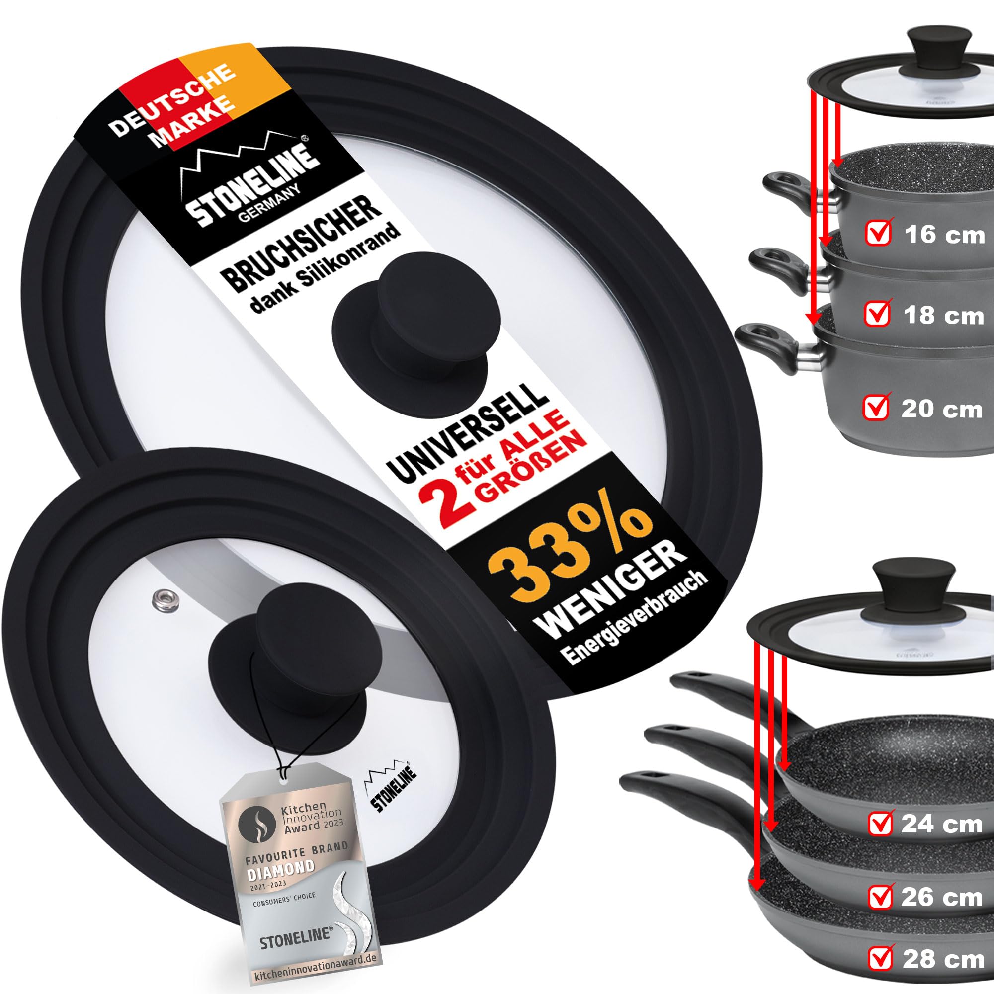 STONELINE Set de 2 Couvercles Universels en Verre pour Poêles Casseroles Faitouts de 16/18/20 cm et 24/26/28 cm, Bord en Silicone, 6 Tailles