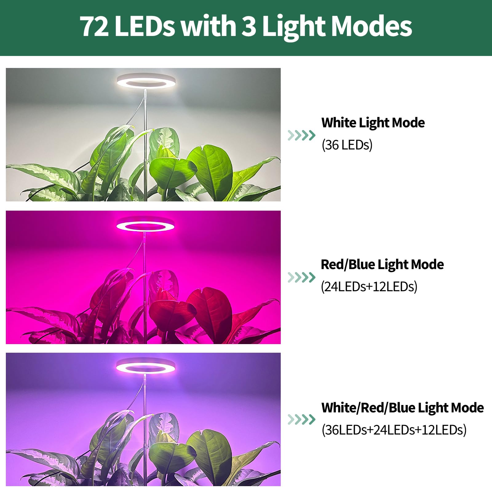 Qoolife Lampada a LED a spettro completo per piante da interno, 155 cm, altezza regolabile con 72 LED, 3 livelli di luminosità dimmerabili, timer 3/9/12 ore per piante da interni nero 2 Pezzi