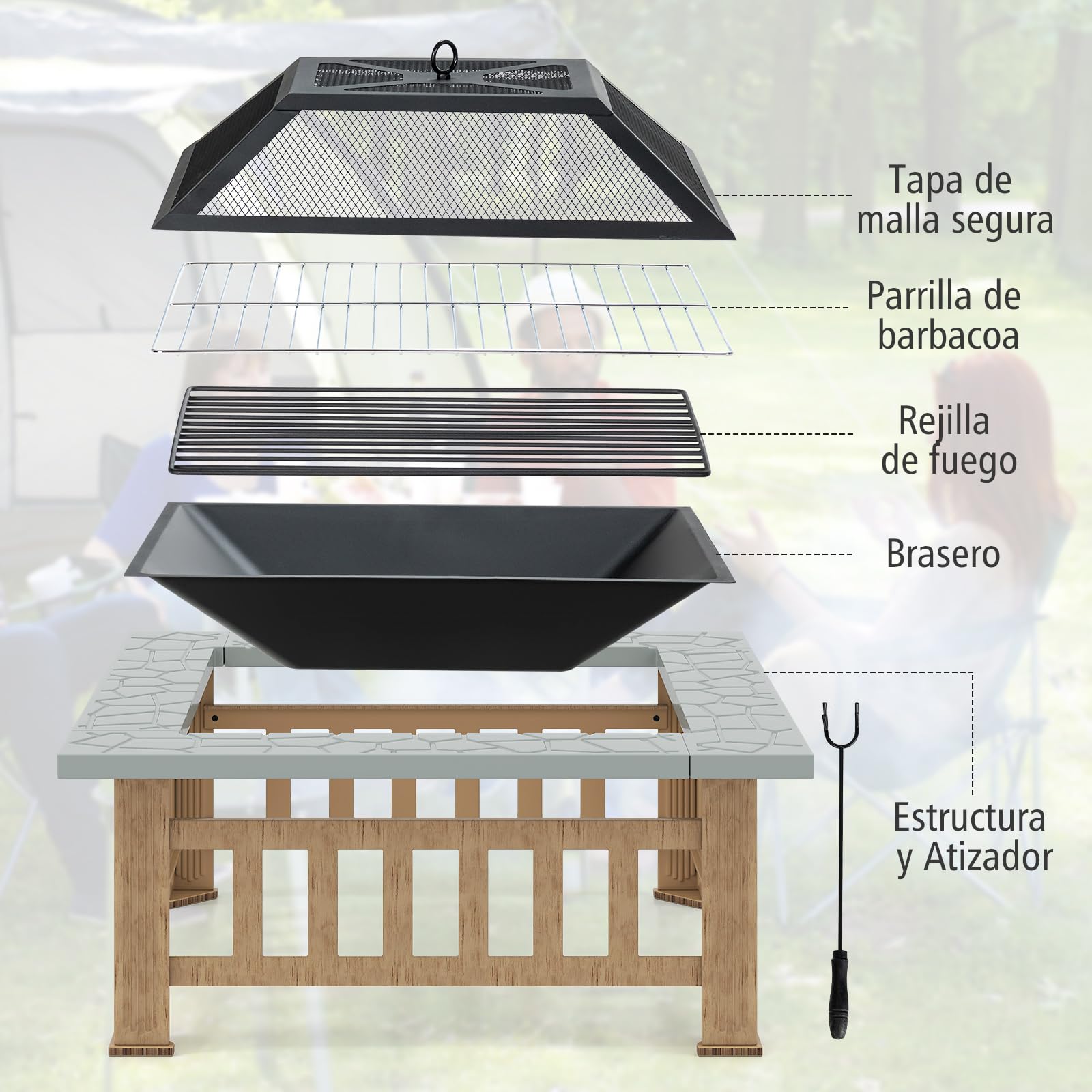 GYMAX Brasero Exterior para Jardín 3 en 1 con Parrilla de Metal con Ventilador y Tapa para Calefacción o Barbacoa al Aire Libre, Camping, Fiesta, Hoguera al Aire Libre (Plata+Negro)