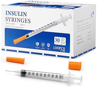 Disposable Insulin Syringe with Needle, U-100 30G 1cc 5/16-Inch (8mm), Individually Packed,Box of 100