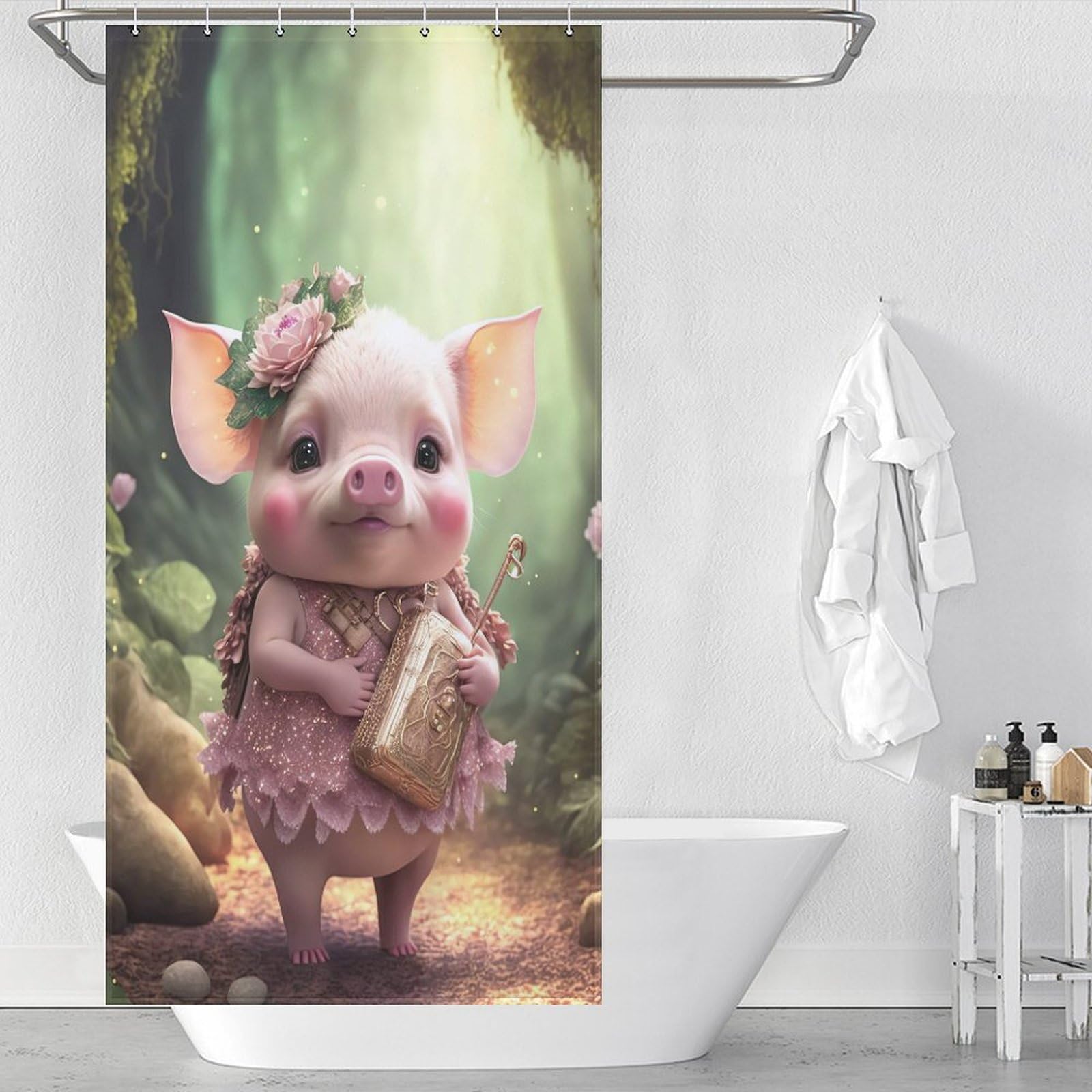 Rideau de douche cochon mignon rideau de bain imperméable lavable avec 12 anneaux