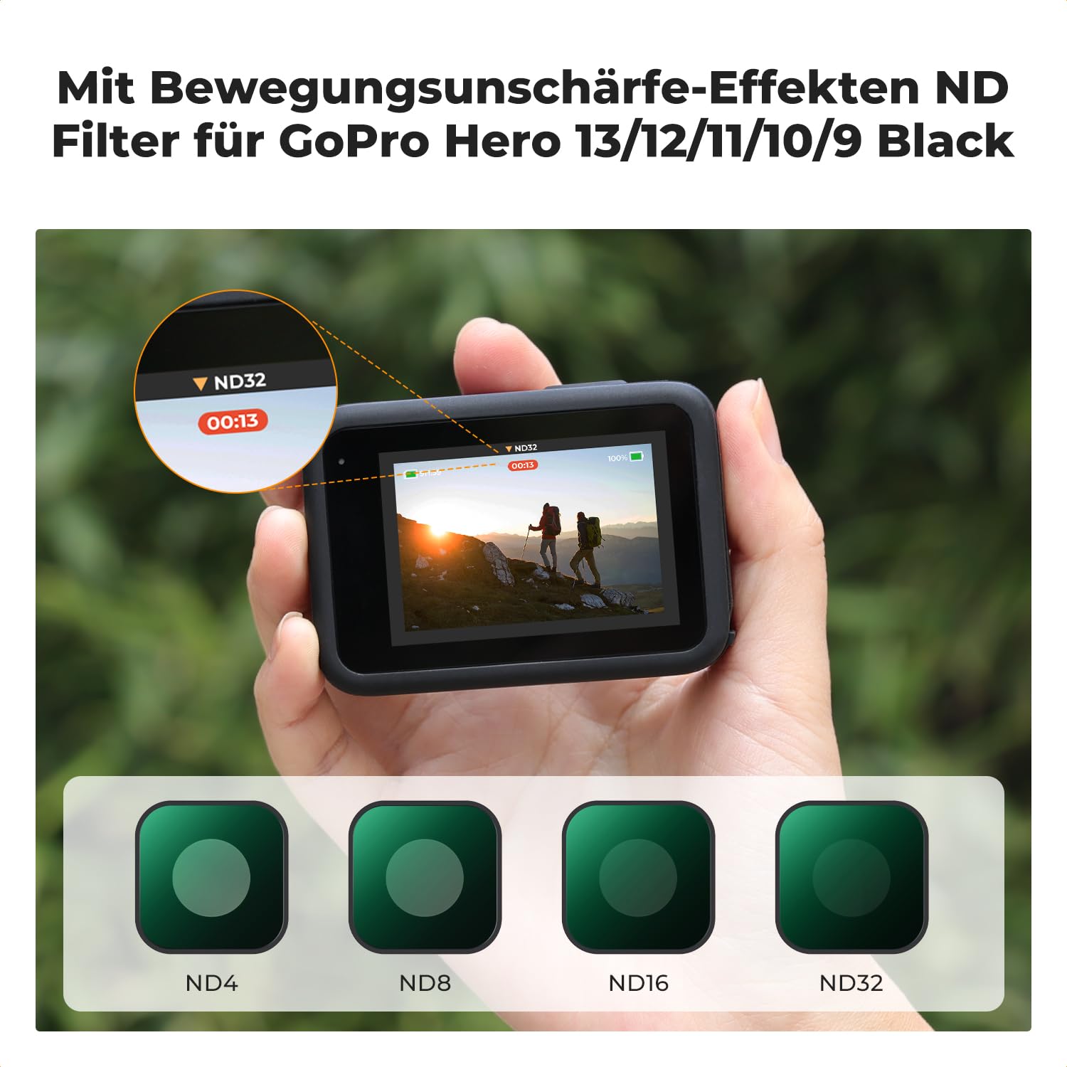 K&F CONCEPT ND Filter Set Kompatibel mit GoPro Hero 13 Black, 4 Pack ND4 ND8 ND16 ND32 Neutral Density Light Reduction Filter für GoPro Hero 12/11/10/9 Black, Graufilter HD Optical Glass